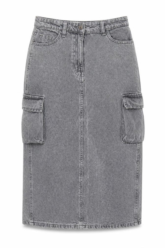 Front view of Primark women’s grey denim cargo midi skirt, size UK 8