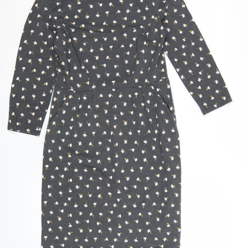 Boden Women’s Grey Floral Cotton Shift Dress UK 10P 3/4 Sleeve
