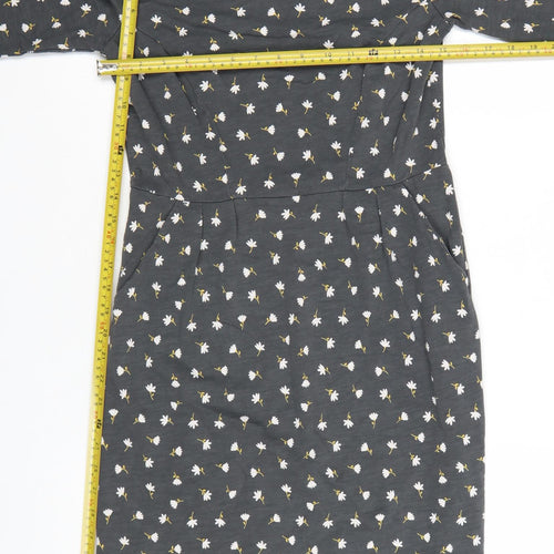 Boden Women’s Grey Floral Cotton Shift Dress UK 10P 3/4 Sleeve