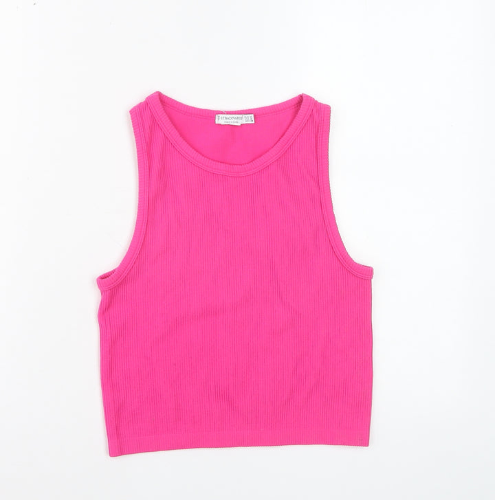 Stradivarius Women’s Pink Cropped Tank Top Size 12 Cotton Blend
