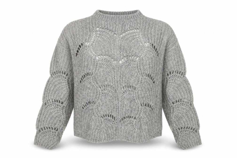 Front view of Nine by Savannah Miller women’s grey, size UK 14, open-knit wool jumper