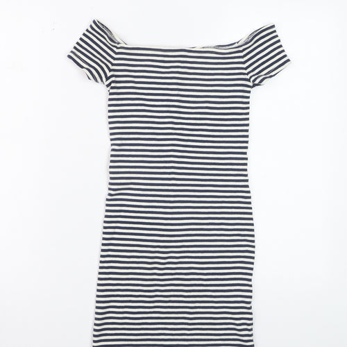 Bershka Womens Blue Striped Off Shoulder Bodycon Dress Size S