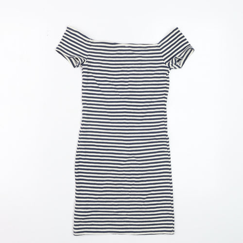 Bershka Womens Blue Striped Off Shoulder Bodycon Dress Size S
