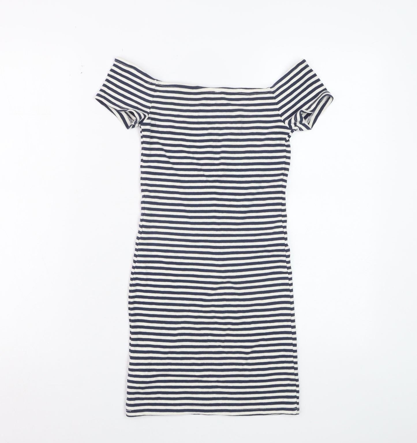 Bershka Womens Blue Striped Off Shoulder Bodycon Dress Size S