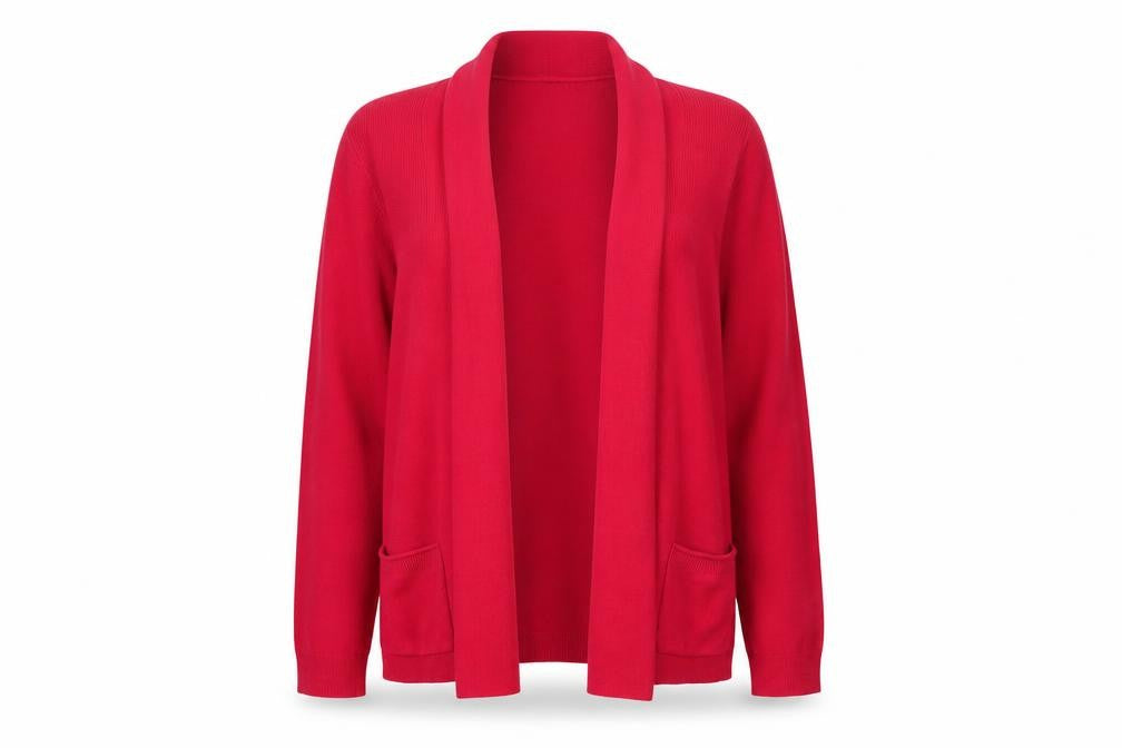 Front view of BHS women’s pink acrylic long sleeve open cardigan, size UK 18