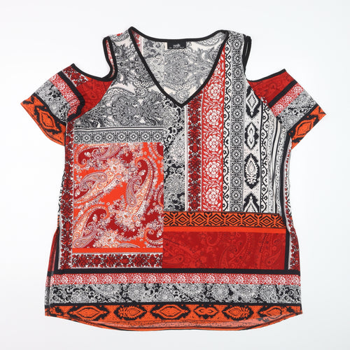 Wallis Womens Red Black Paisley Cold Shoulder V-Neck Top Size L