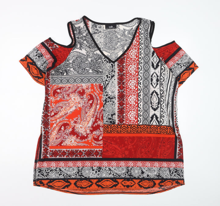 Wallis Womens Red Black Paisley Cold Shoulder V-Neck Top Size L