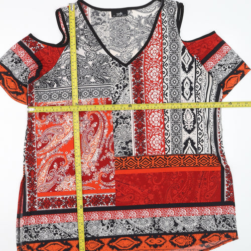 Wallis Womens Red Black Paisley Cold Shoulder V-Neck Top Size L