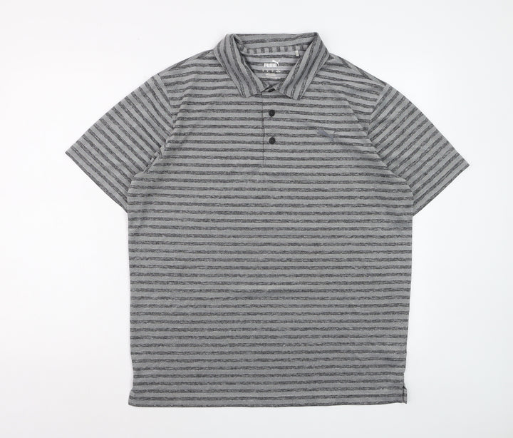 Puma Men’s Grey Striped Golf Polo Shirt Size L Quick Dry Performance