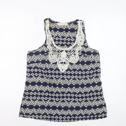 Fat Face Women's Blue Geometric Crochet Cotton Sleeveless Tank Top Size 12