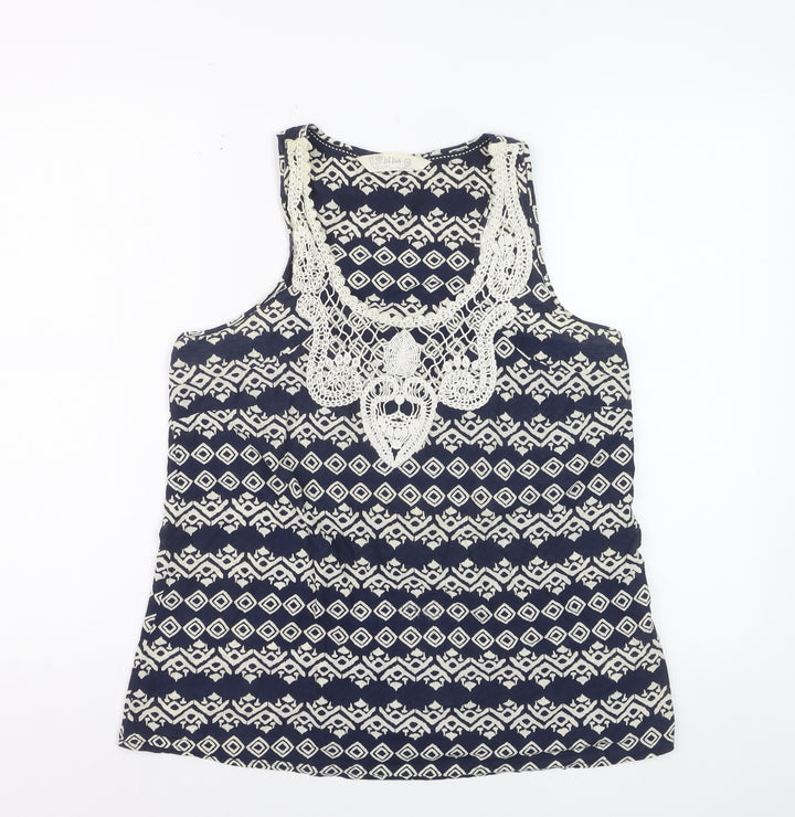 Fat Face Women's Blue Geometric Crochet Cotton Sleeveless Tank Top Size 12