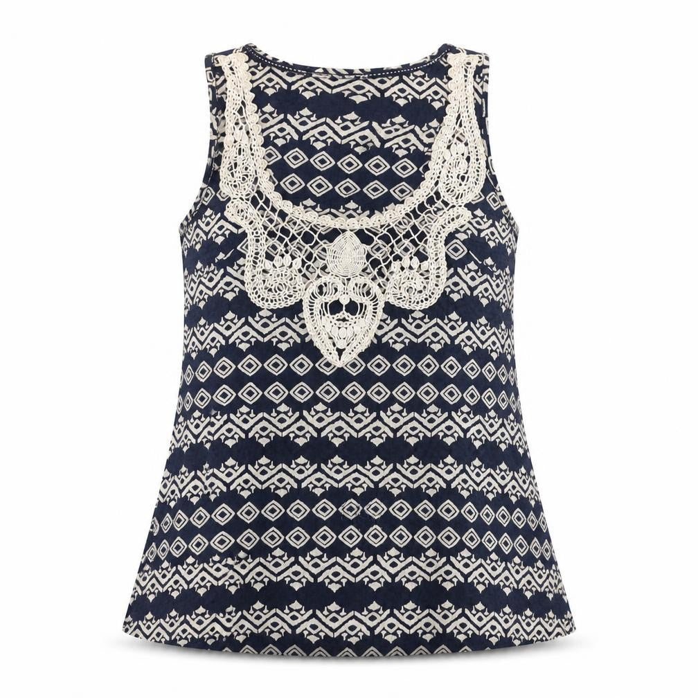 FatFace Women's Blue Geometric Crochet Cotton Sleeveless Tank Top Size 12