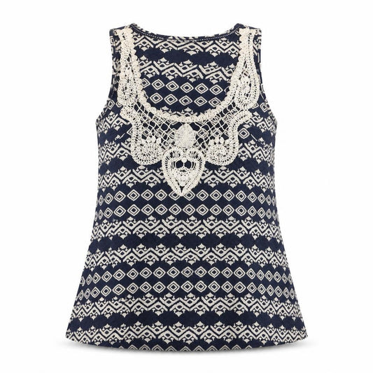Front view of FatFace Women's Blue Geometric Crochet Cotton Sleeveless Tank Top, size 12