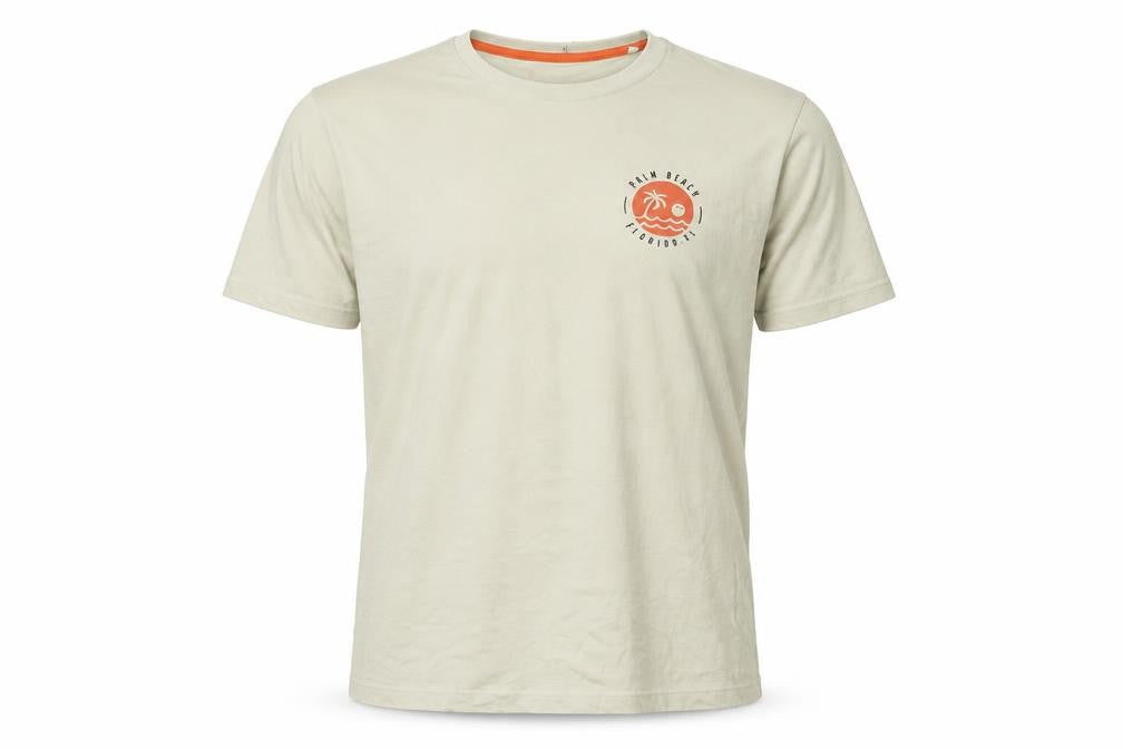 Front view of Easy Men Beige Palm Beach Florida Graphic T-Shirt, size L, Regular Fit