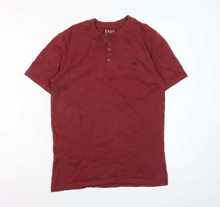 Easy Men's Burgundy Short Sleeve Henley T-Shirt Size S 100% Cotton