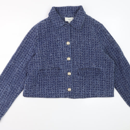 Marks and Spencer Womens Blue Cotton Cropped Tweed Jacket Size 16