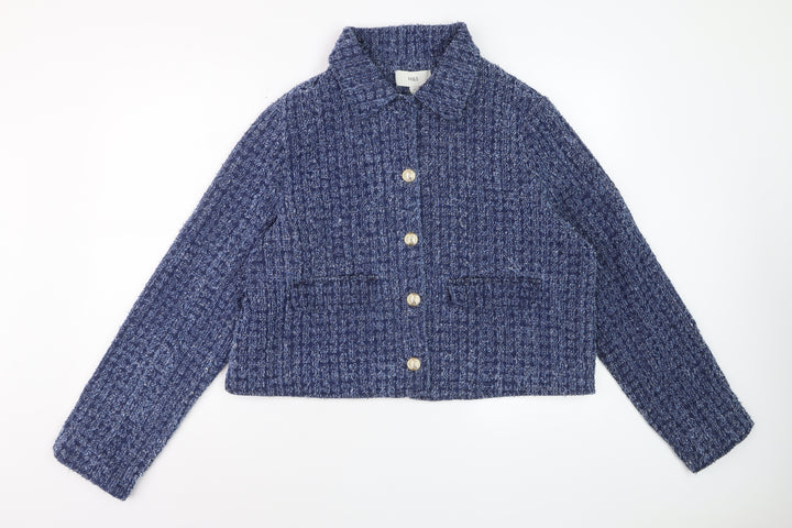 Marks and Spencer Womens Blue Cotton Cropped Tweed Jacket Size 16