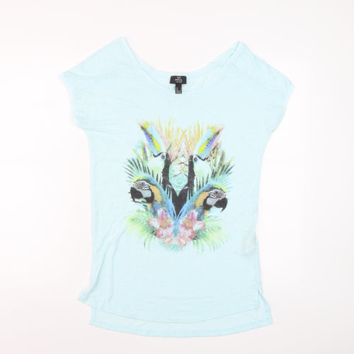MNG Women Blue Tropical Parrot Print Linen Blend T-Shirt Size 12