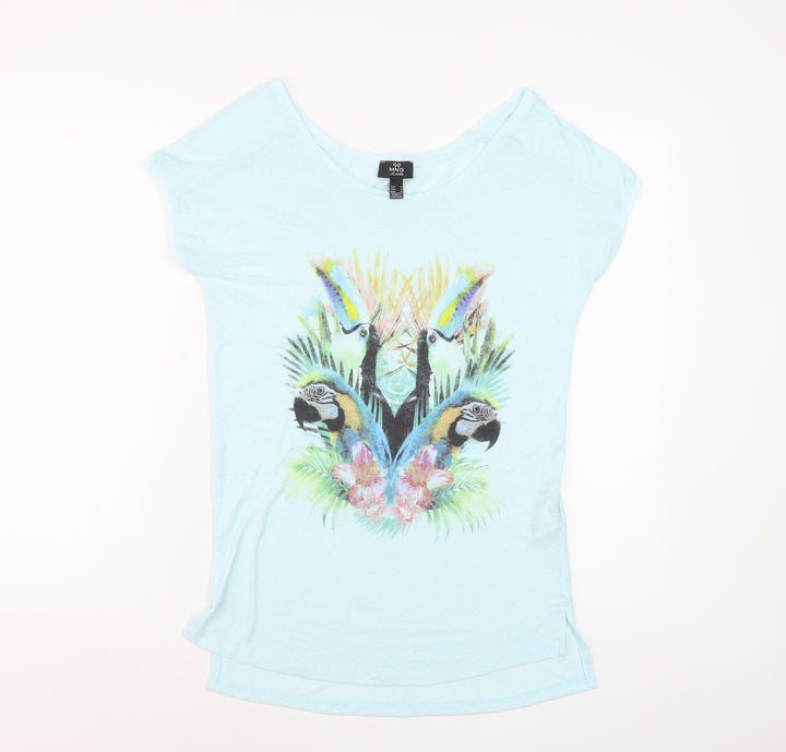 MNG Women Blue Tropical Parrot Print Linen Blend T-Shirt Size 12