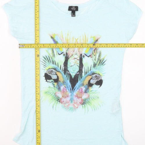 MNG Women Blue Tropical Parrot Print Linen Blend T-Shirt Size 12