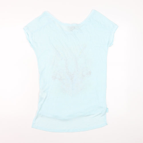 MNG Women Blue Tropical Parrot Print Linen Blend T-Shirt Size 12