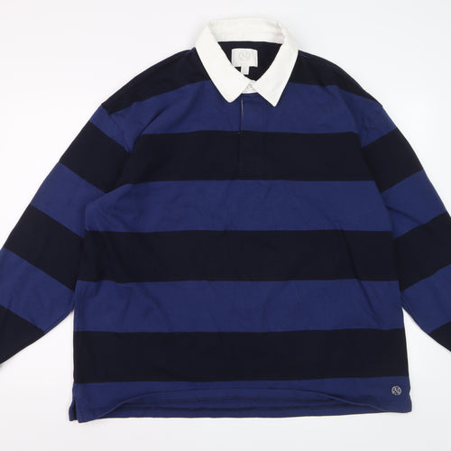 Marks and Spencer Men's Blue Striped Long Sleeve Polo XL Regular Cotton Blend