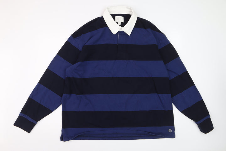 Marks and Spencer Men's Blue Striped Long Sleeve Polo XL Regular Cotton Blend