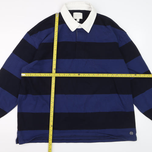 Marks and Spencer Men's Blue Striped Long Sleeve Polo XL Regular Cotton Blend