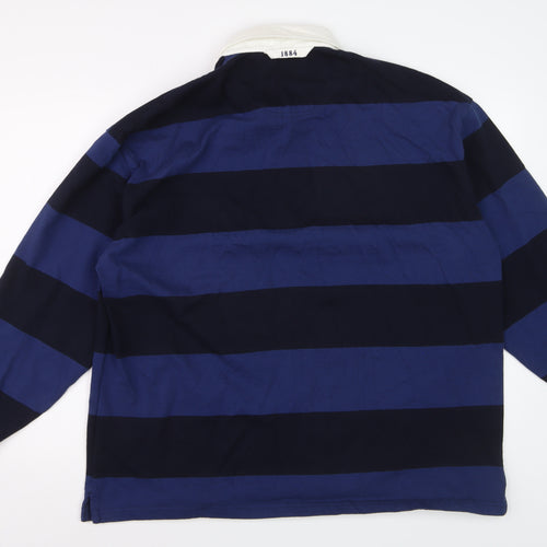 Marks and Spencer Men's Blue Striped Long Sleeve Polo XL Regular Cotton Blend