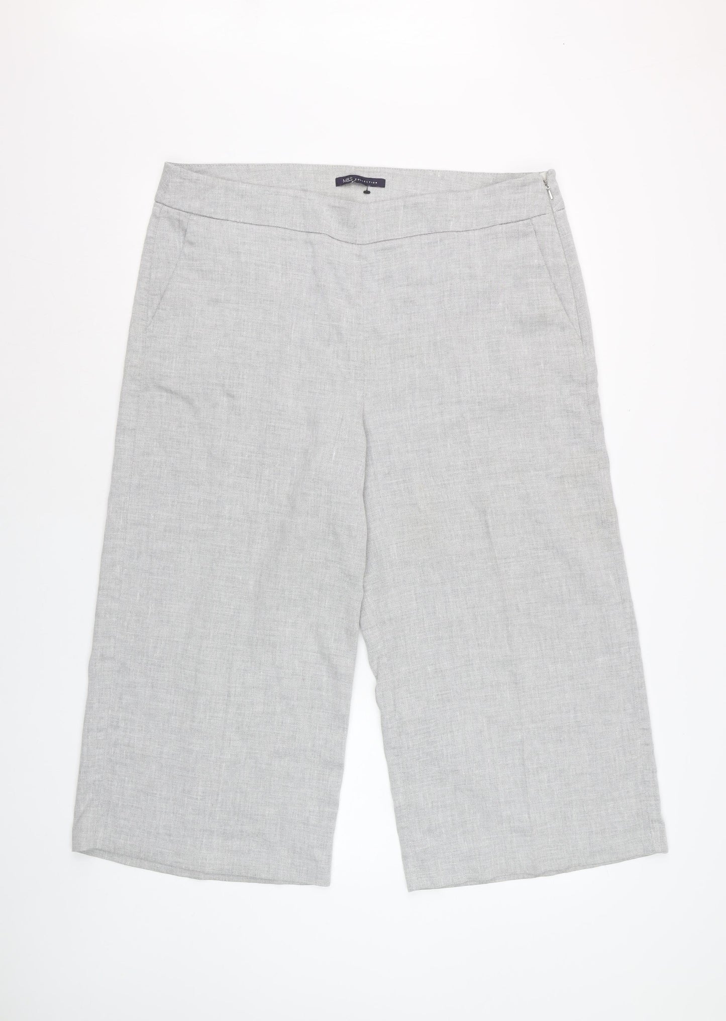 Marks and Spencer Women Grey Linen Blend Cropped Wide-Leg Trousers UK 18