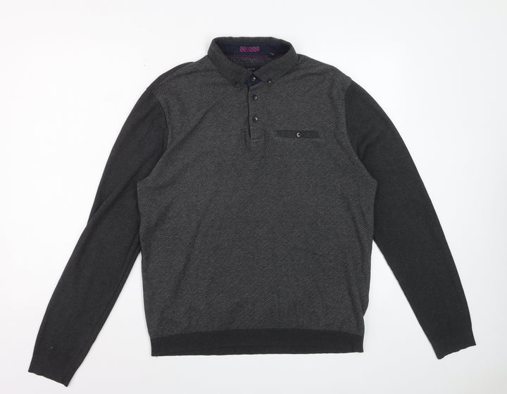 Ted Baker Men’s Grey Long Sleeve Polo Shirt Size L Cotton Blend
