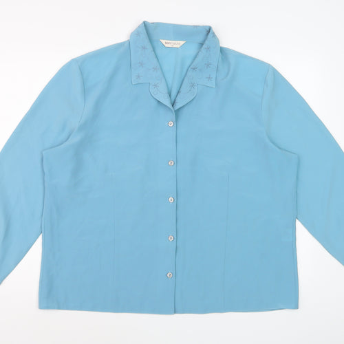 Bonmarché Women Blue Embroidered Collar Long Sleeve Button-Up Blouse Size 22