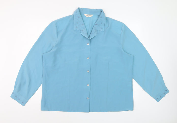 Bonmarché Women Blue Embroidered Collar Long Sleeve Button-Up Blouse Size 22