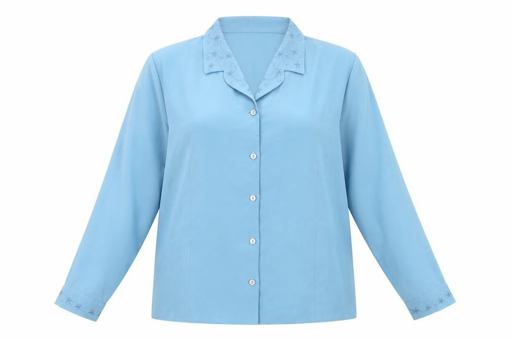 Front view of Bonmarché Women Blue Embroidered Collar Long Sleeve Button-Up Blouse, size 22