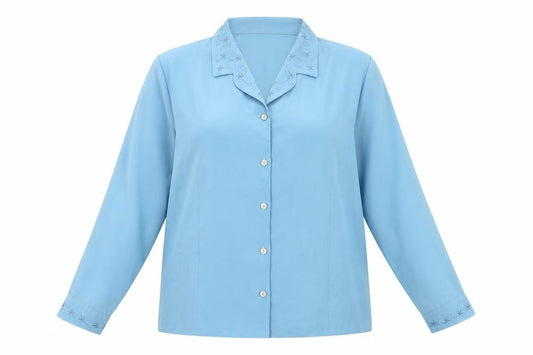 Front view of Bonmarché Women Blue Embroidered Collar Long Sleeve Button-Up Blouse, size 22