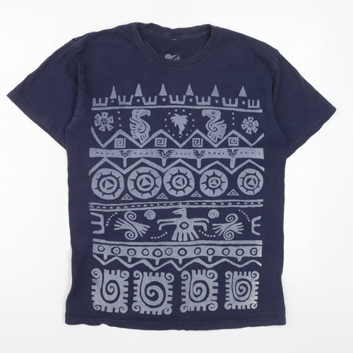 me&yu Mens Blue Aztec Graphic Handprinted Cotton T-Shirt M