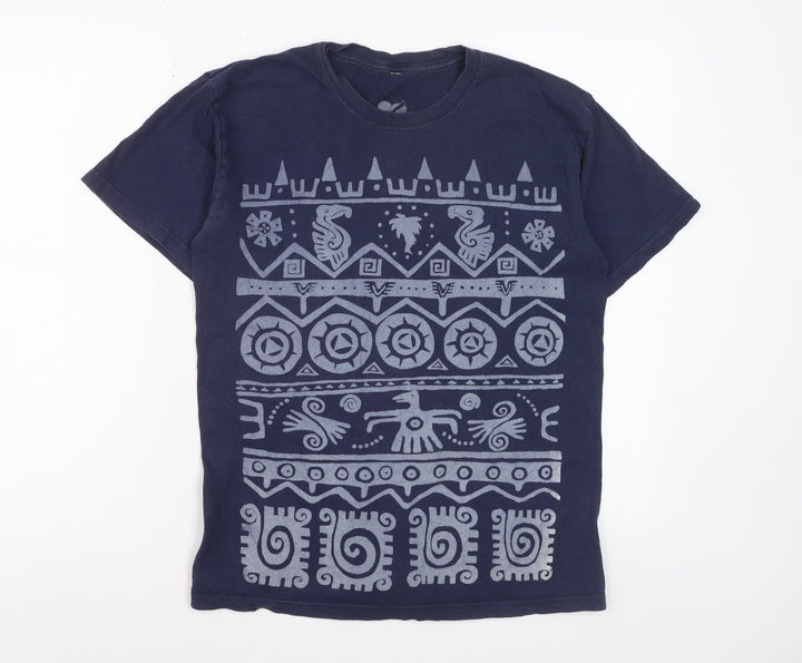 me&yu Mens Blue Aztec Graphic Handprinted Cotton T-Shirt M