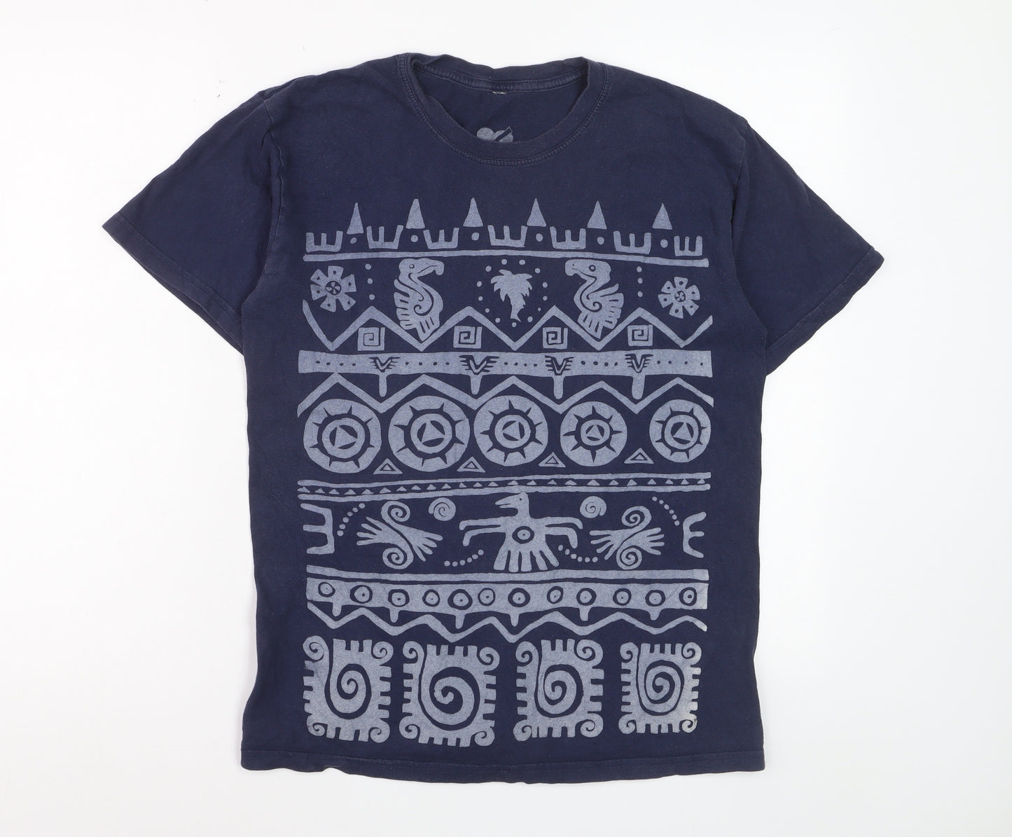 me&yu Mens Blue Aztec Graphic Handprinted Cotton T-Shirt M