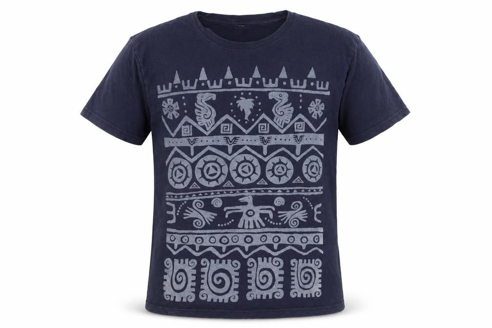 Front view of me&yu men’s blue aztec graphic handprinted cotton t-shirt m