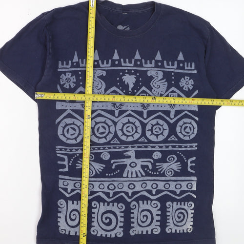 me&yu Mens Blue Aztec Graphic Handprinted Cotton T-Shirt M
