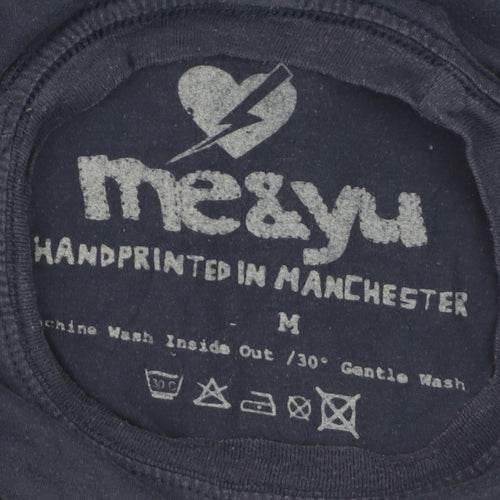 me&yu Mens Blue Aztec Graphic Handprinted Cotton T-Shirt M
