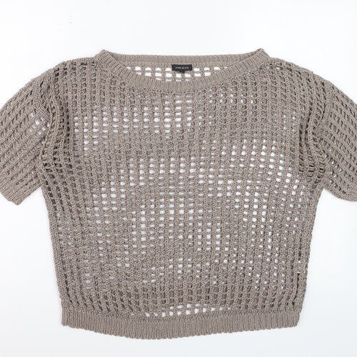 River Island Women Beige Open-Knit Short Sleeve Jumper Size 12