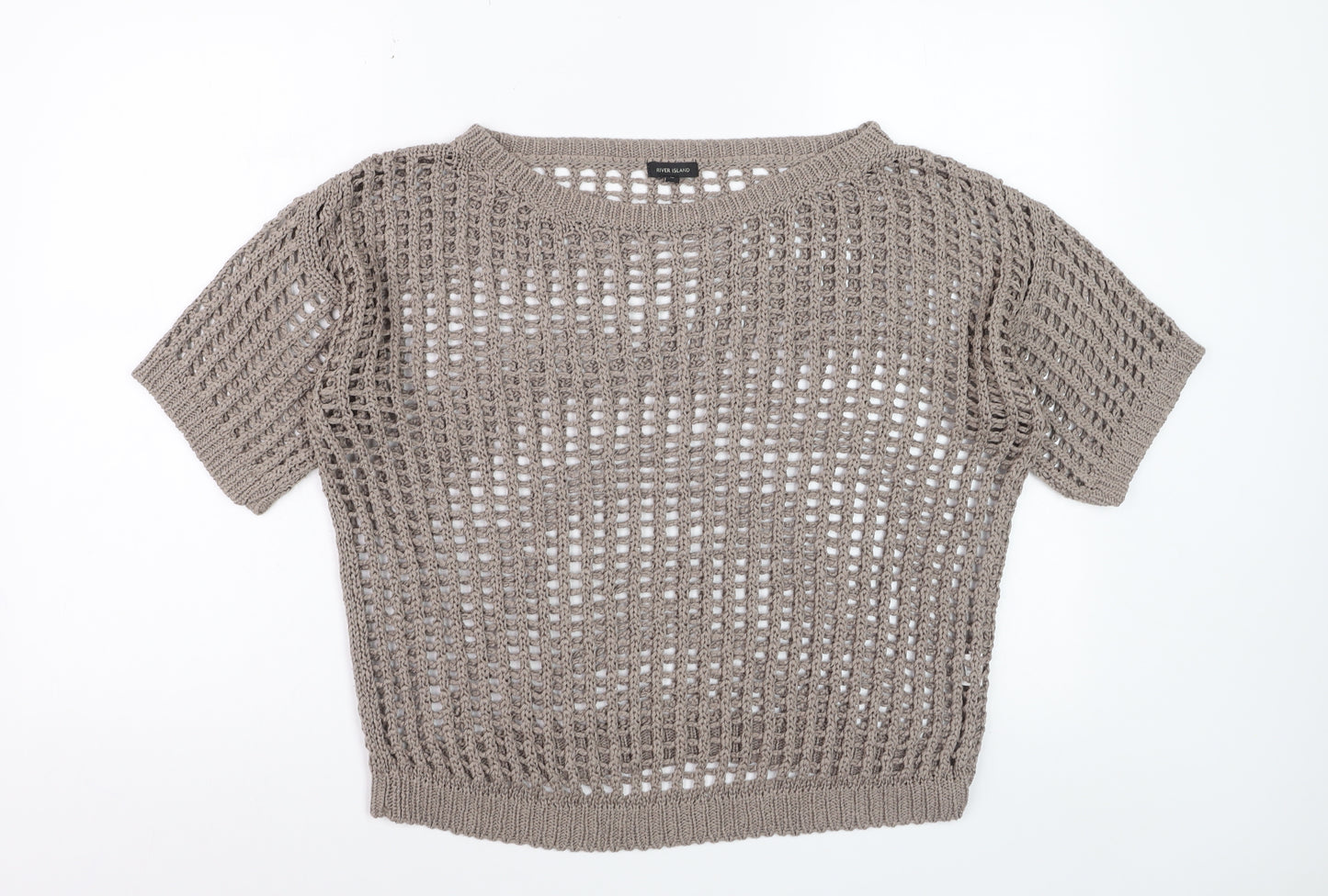 River Island Women Beige Open-Knit Short Sleeve Jumper Size 12