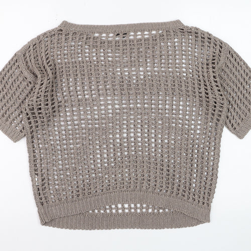 River Island Women Beige Open-Knit Short Sleeve Jumper Size 12