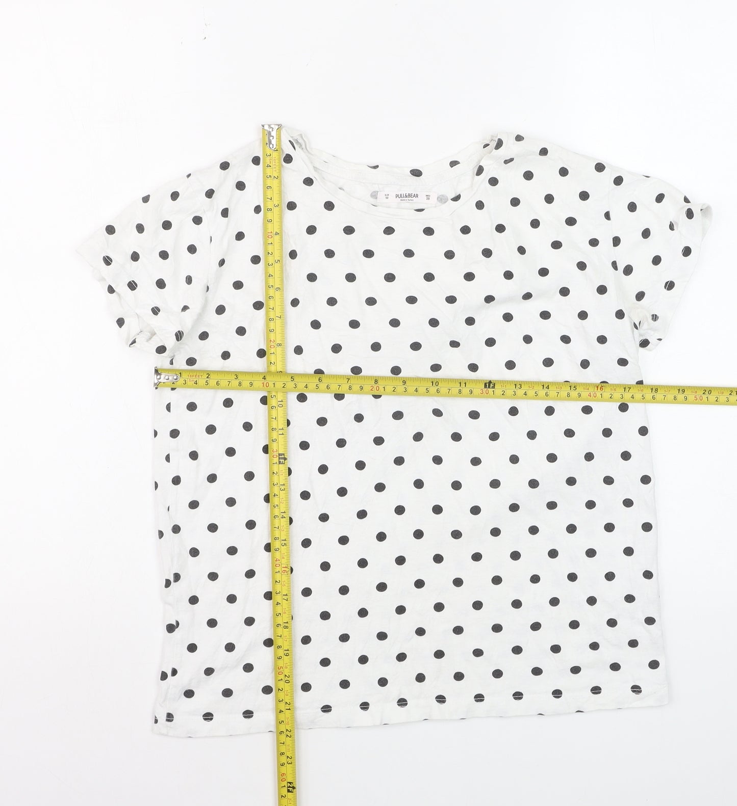 Pull&Bear Womens White Polka Dot Cotton Basic T-Shirt Size 12