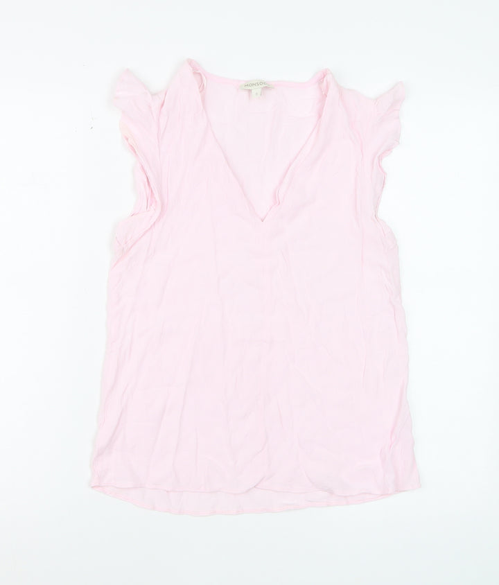 Monsoon Women Pink Sleeveless V-Neck Ruffle Camisole Blouse S
