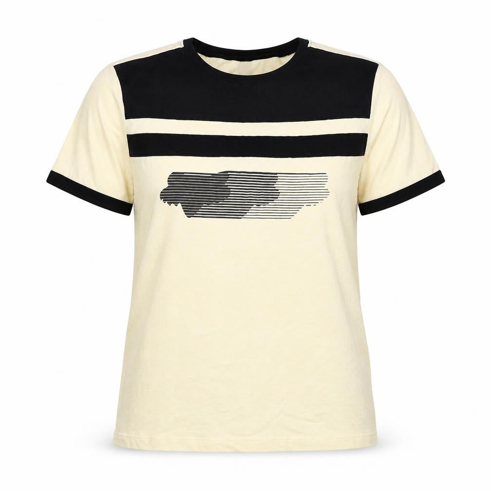 Front view of FOX Women's Beige and Black Colourblock Cotton T-Shirt, size S