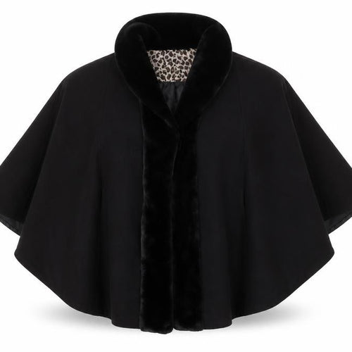 Excelled Collection Women's Black Fur Trim Cape L