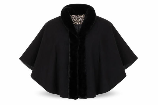 Excelled Collection Women's Black Fur Trim Cape L