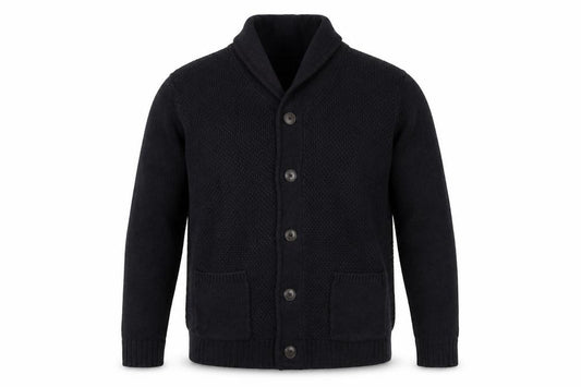Front view of F&F Men's Black XL Chunky Knit Acrylic Cardigan with Pockets